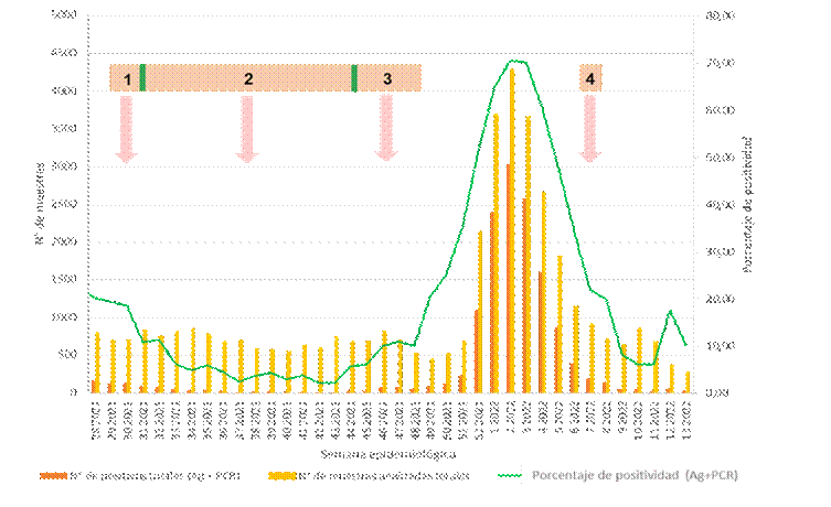 Tasa de positividad en la UFU del Hospital “Carlos G. Durand”, según semana epidemiológica y período de evaluación de cada kit de test de antígeno.
