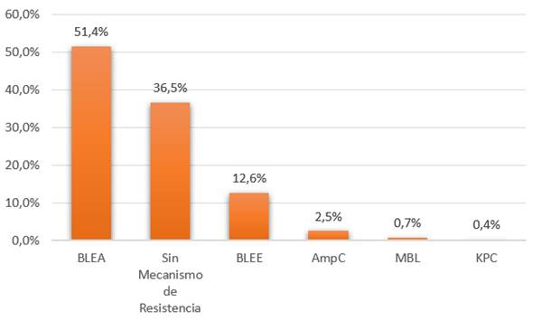Mecanismos de resistencia del total de enterobacterales aislados de urocultivos positivos de adultos de la comunidad, en orden de frecuencia